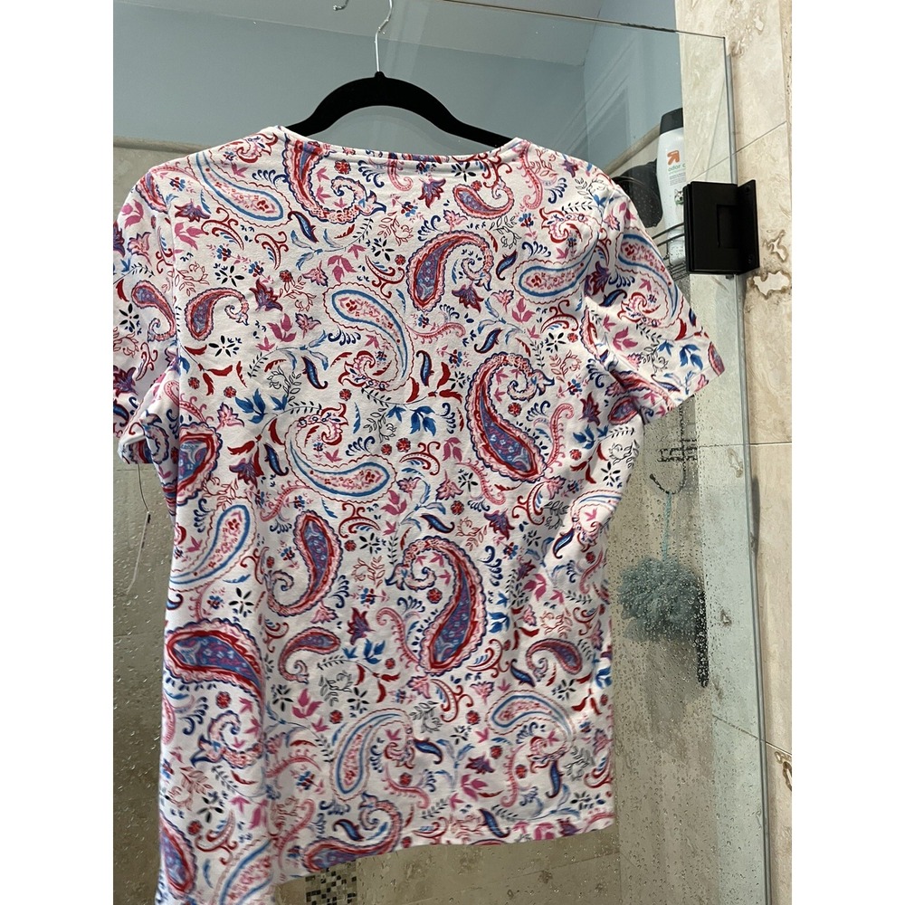 Talbots Womens Paisley Floral Blouse Top Short Sleeve White Red Blue PL LP NWT - Picture 8 of 8